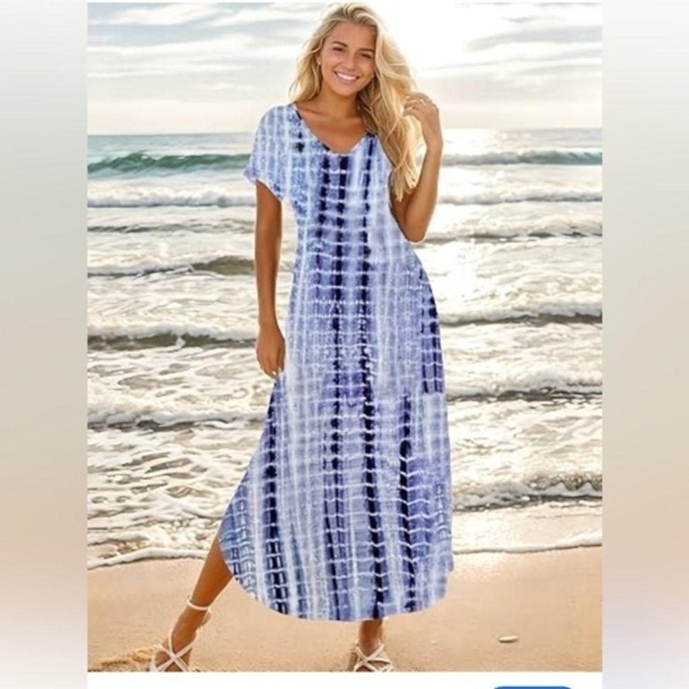 Blue White Tie Dye Short Sleeve Maxi Dress NWT XXL #1862